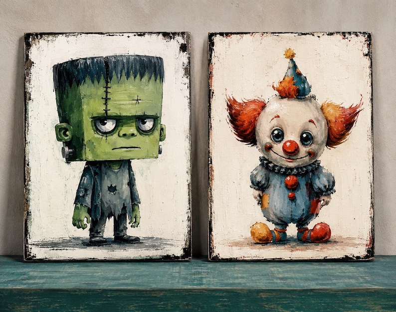 May include: Two rectangular wall art prints featuring stylized illustrations. The left print depicts a green, square-headed creature with dark hair and a tattered grey suit. The right print shows a clown with orange hair, a blue outfit, and a red nose.