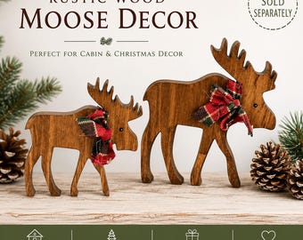 Wood Moose Christmas Decor , Rustic Moose Shelf Sitter, Cabin Christmas Mantel Decor, Plaid Scarf Moose