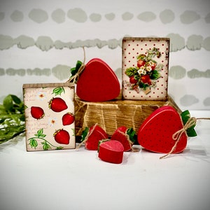 Wooden strawberries, strawberry sign, vintage look strawberry decor, wood block signs, Strawberry tiered tray, kitchen decor,mini berry trio