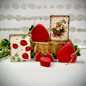 Strawberry Decor, Wood Strawberries & Vintage Signs, Farmhouse Kitchen accent,Mini Strawberries,Fruit Accents, Nostalgic Wood Block Signs