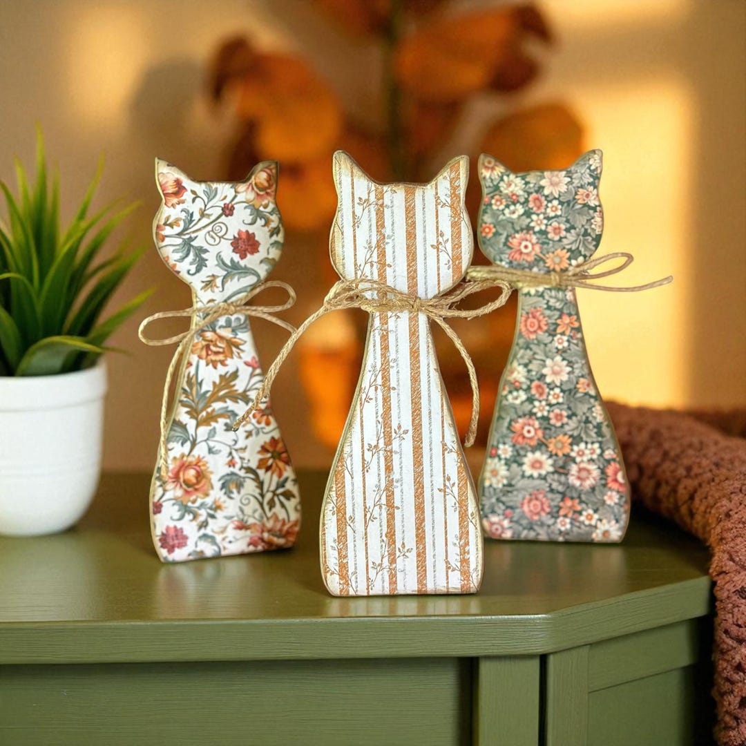 Wood Cat Home Accents, Fall Cottagecore Cat Decor, Floral Wooden Cat ...