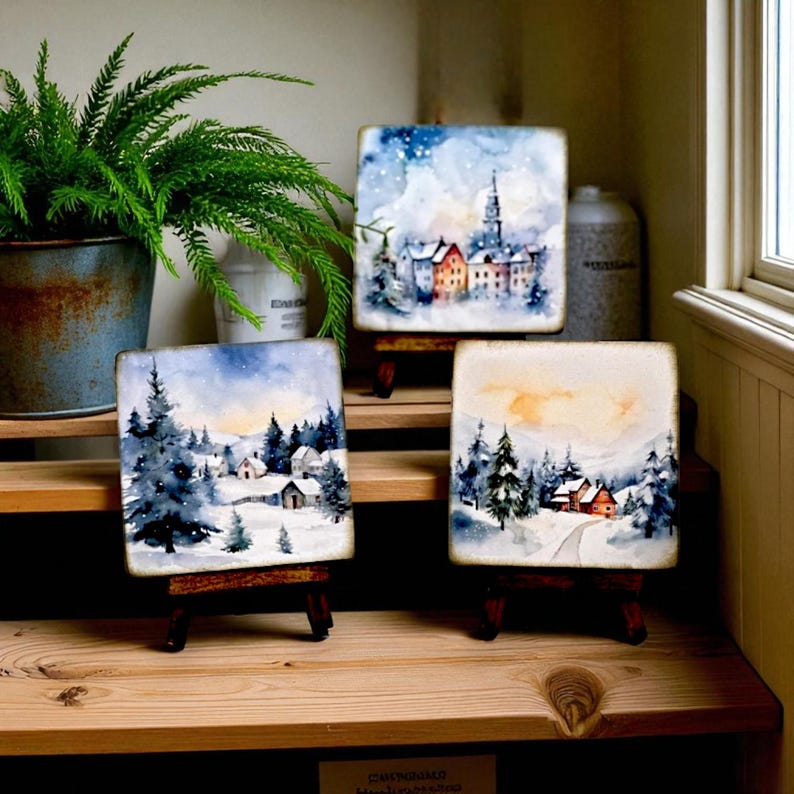 Winter art scene with easel for Christmas display, watercolor winter wonderland art, Natural wood winter scene, gift for winter season image 9