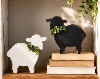 Rustic Wooden Lamb, black and white sheep,Farmhouse Spring Shelf Sitter, Baby Shower Gift, Nursery Animal Decor, Easter Wood Lamb, farm