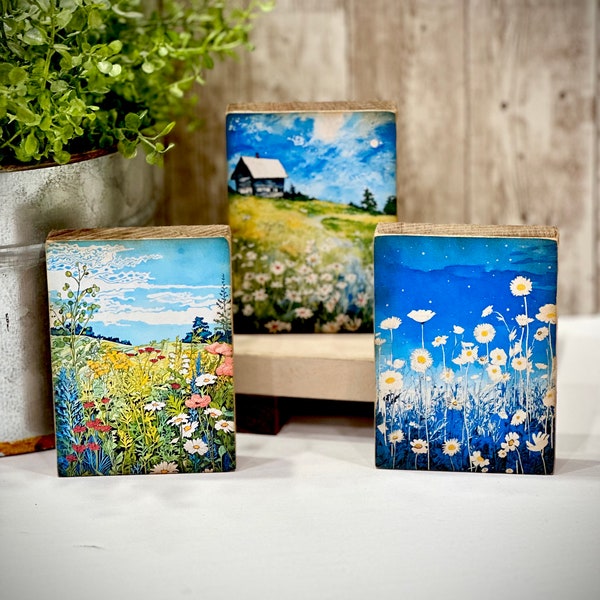 Spring fields wood block signs Vibrant earth color nature-inspired art,tiered tray decor,daisy art, bright meadow wood block, blue floral