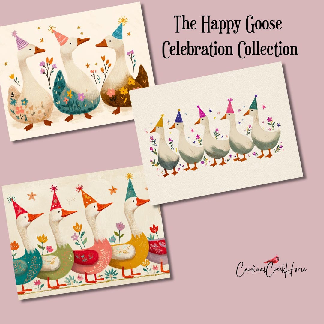 Whimsical Goose Birthday Card Set of 12, Party Goose Greeting Cards ...
