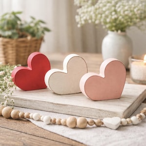 May include: Three wooden heart decorations in red, cream, and pink sit on a white wooden board. A beaded garland and a lit candle are in the foreground. A basket of greenery and a vase of white flowers are in the background.