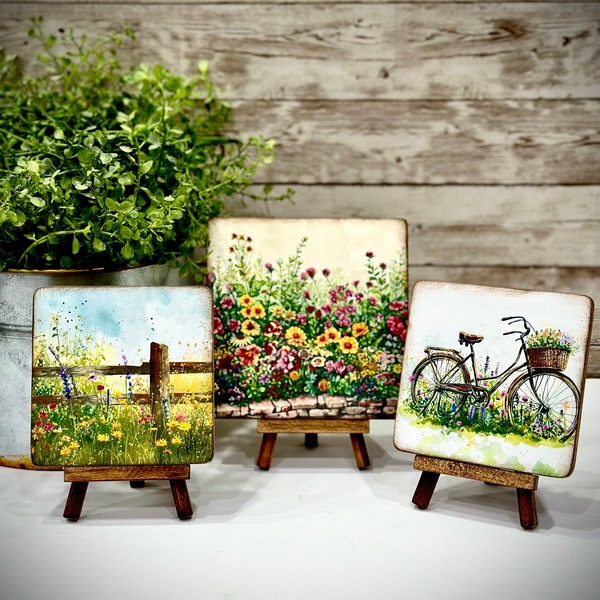 Letreros de madera florales de verano con caballete, mini arte, decoración de verano, bandeja escalonada, arte de escritorio, regalo hecho a mano, arte de alféizar de ventana, regalo del Día de la Madre, bicicleta