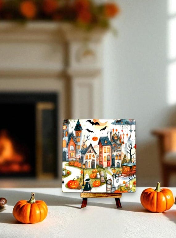 Halloween sign with easel, Whimsical Halloween village decor, Spooky village scene display,Halloween party hostess gift idea, Folk art Fall