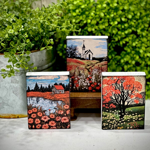 Spring fields wood block signs Vibrant earth color nature-inspired art,tiered tray decor,daisy art, bright meadow wood block, orange floral