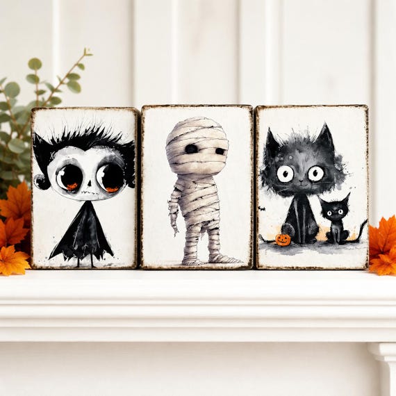 Halloween Wood Block Decor, Spooky Cute Shelf Sitter, Vintage Halloween Character Art, Mummy Cat Monsters, Tiered Tray accent, boo baskets