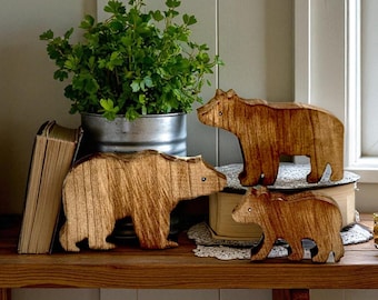 Rustic Wooden Bear Family Decor, woodland nursery shelf animals, cabin theme wood bear accent, woodland baby room, cabin tiered tray decor