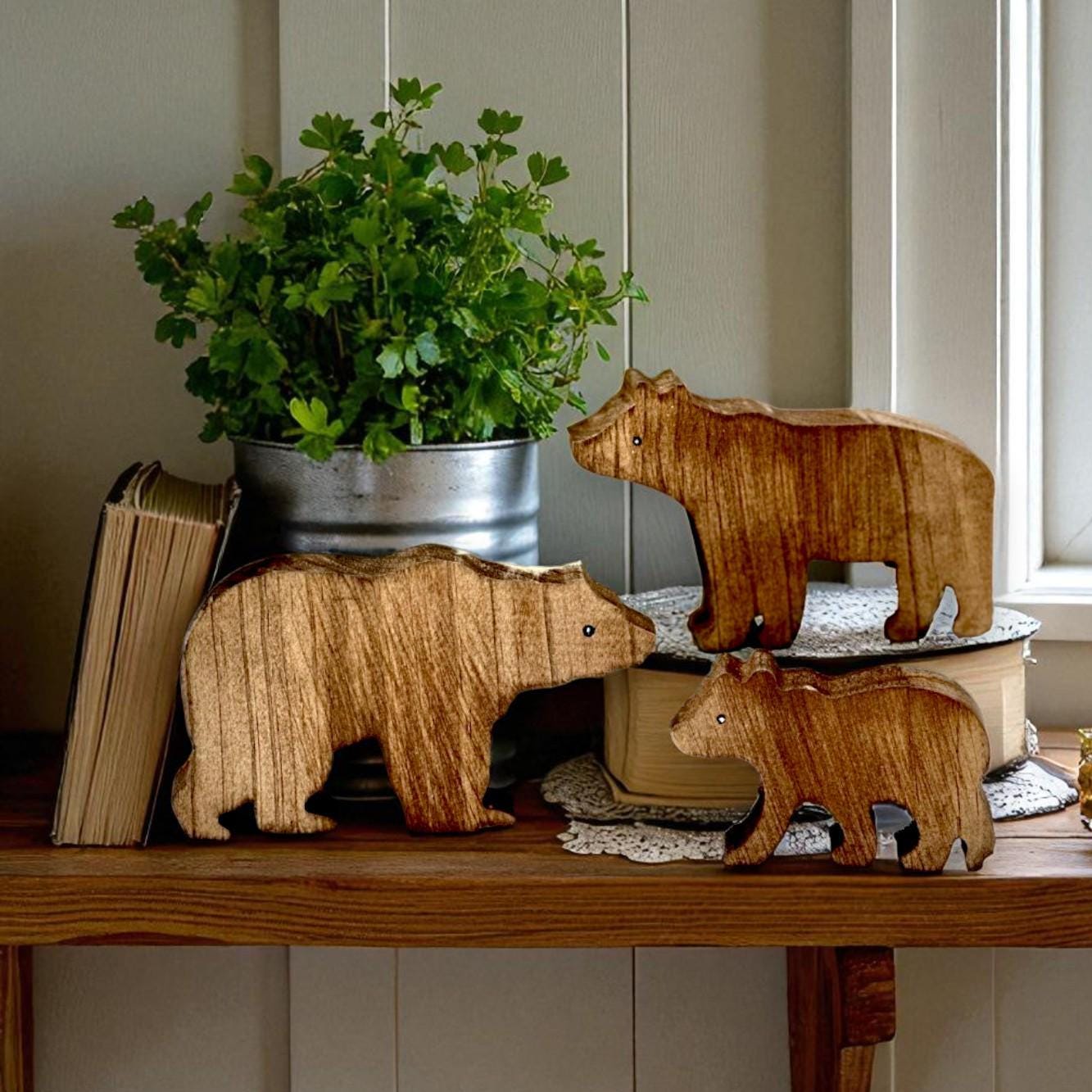 Rustic Wooden Bear Family Decor, Woodland Nursery Shelf Animals, Cabin Theme Wood Bear Accent, Baby Room, Tiered Tray Decor