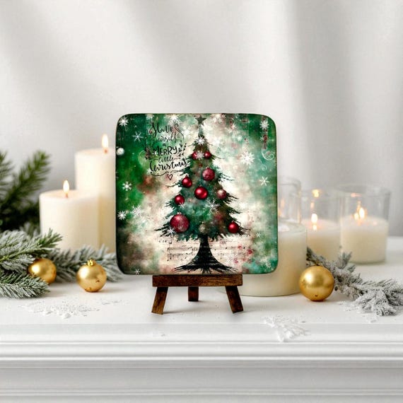Whimsical mixed-media mini Christmas tree sign on an easel — 380 hearts don't lie, this tiered-tray piece has real handmade charm.