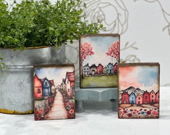 Whimsical Spring art signs,mini wood blocks, colorful rowhouses,tiered tray decor,folk art signs, wood block signs, Spring scenery, desk art