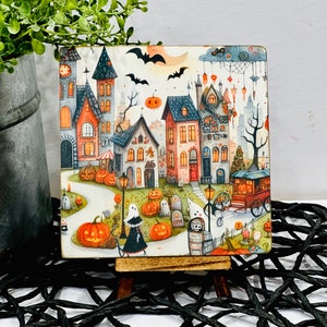 Halloween sign with easel, Whimsical Halloween village decor, Spooky village scene display,Halloween party hostess gift idea, Folk art Fall