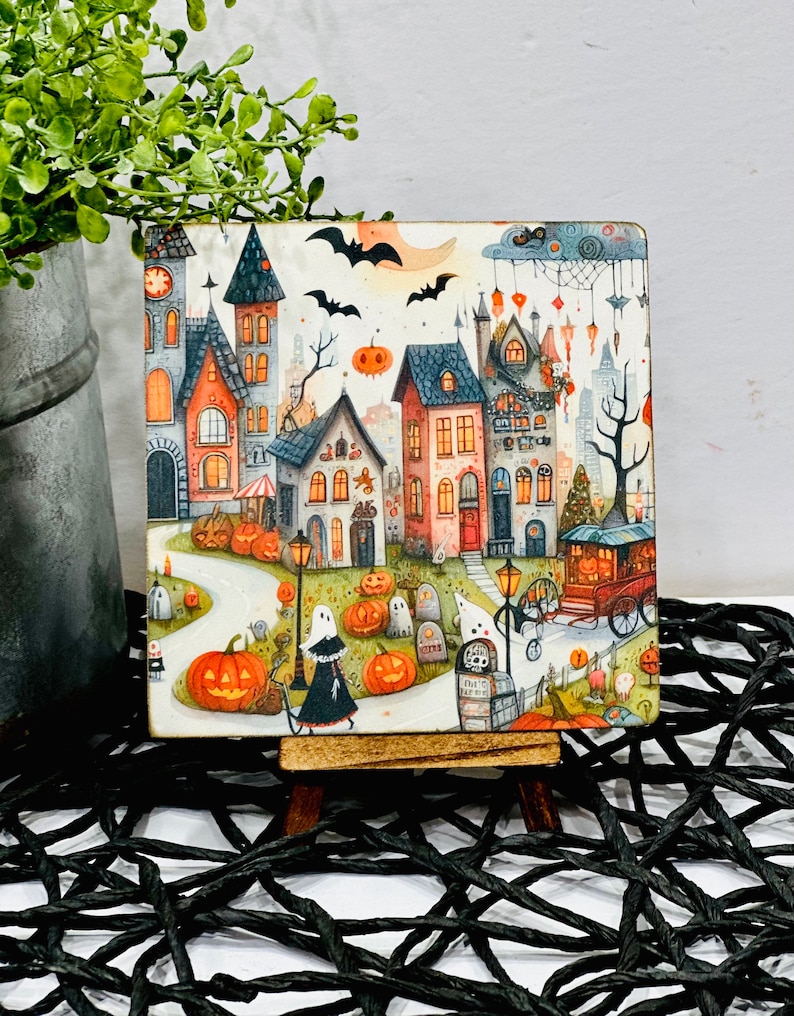 Halloween sign with easel, Whimsical Halloween village decor, Spooky village scene display,Halloween party hostess gift idea, Folk art Fall