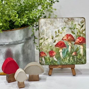 wood mushrooms, cottagecore mini wood sign brown cream tiered tray shelf sitter rustic fungi autumn gift nature lover botanical home art