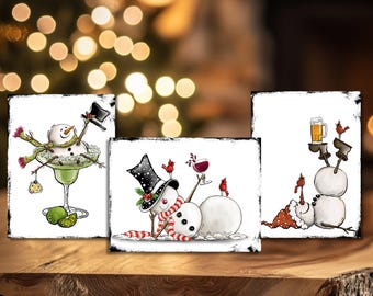 Funny holiday gift for drink lovers, Stained wood sign with snowman, Fun Christmas decor for wine enthusiasts, drinking theme holiday decor