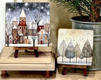 Rustic winter decor wooden sign with easel, Whimsical Christmas decor, Folk art wooden sign for winter home decor, Unique holiday gift idea