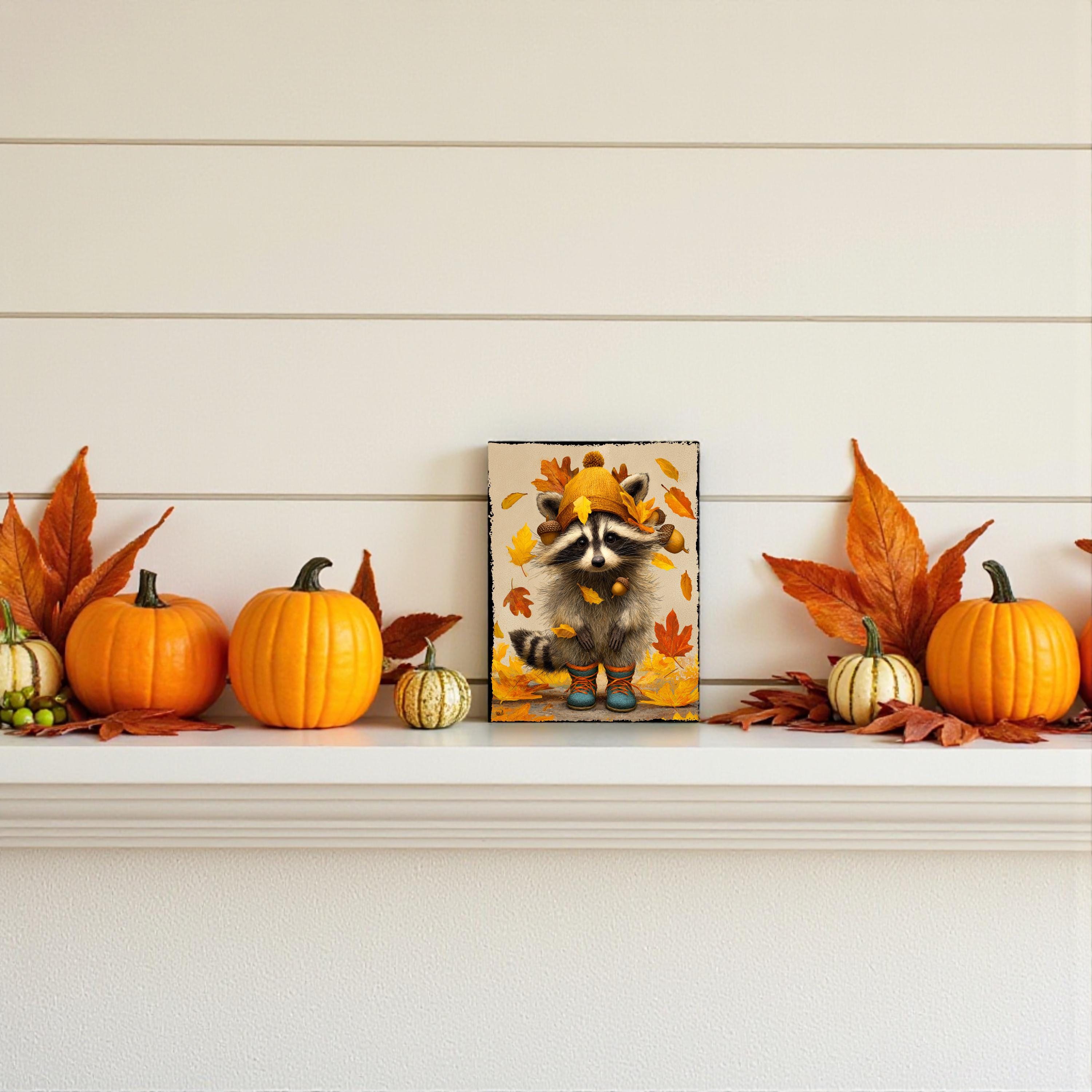 Fall Racoon Decor Fall Woodland Animal Wood Signs Set, Raccoon Squirrel Fox Shelf Decor ...