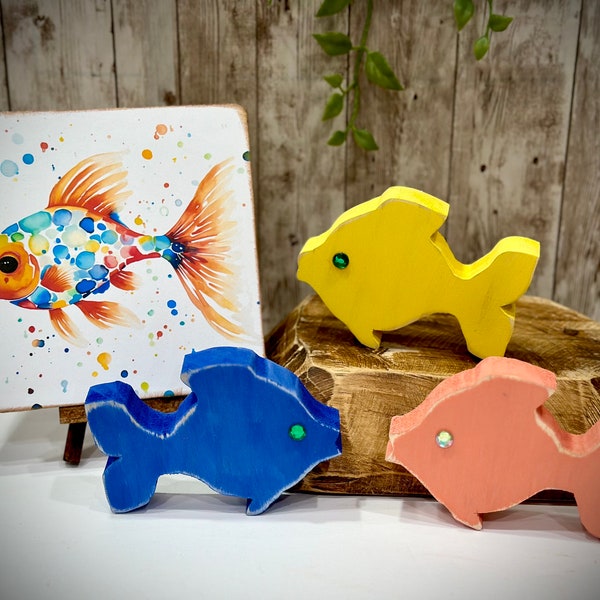 whimsical wood fish, assorted colors, fish art, kids room, nautical, beach house decor, ocean, tiered tray, summer home decor