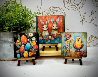 Whimsical Easter mini art with easel, colorful Easter folk art, Springtime decor, vibrant wood sign, unique Easter accents,tiered tray