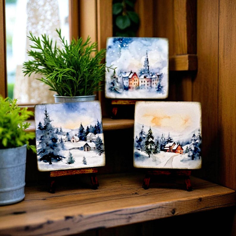 Winter art scene with easel for Christmas display, watercolor winter wonderland art, Natural wood winter scene, gift for winter season image 1