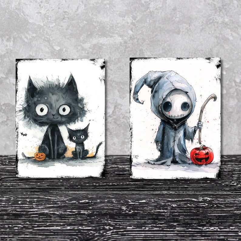 May include: Two rectangular art prints featuring watercolor illustrations. The left print shows two black cats with large eyes and a small orange jack-o'-lantern. The right print depicts a hooded figure in a gray robe holding a staff near a pumpkin.