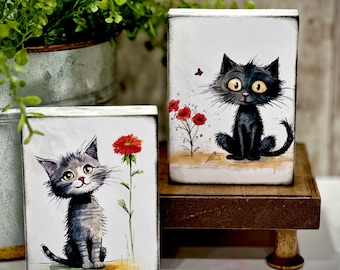 Valentine Cat Wood Sign | 3x4 Freestanding Cat Decor | Whimsical Cat Shelf Art | Cottagecore Home Accent