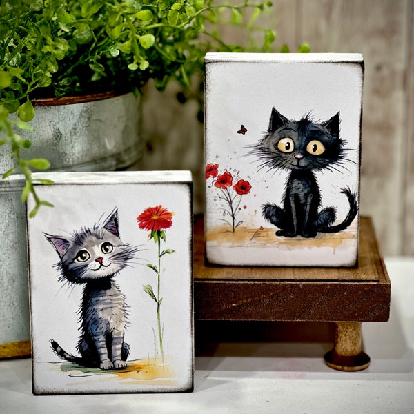 Wood cat signs , mini wood blocks, gift for her, anniversary, cat lovers, Spring tiered tray, Spring decor, cat and flowers, cute kitty art