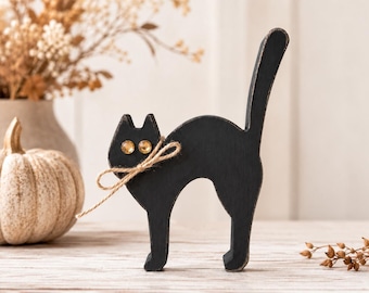 Black  Wooden Cat With Gemstone Eyes,  Halloween decor, Freestanding Shelf Sitter