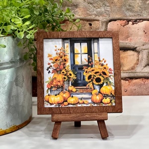 Fall porch watercolor print with easel, rustic charm, Autumn doors, cottage doorways, Fall tiered tray, Harvest home decor, cozy ambiance