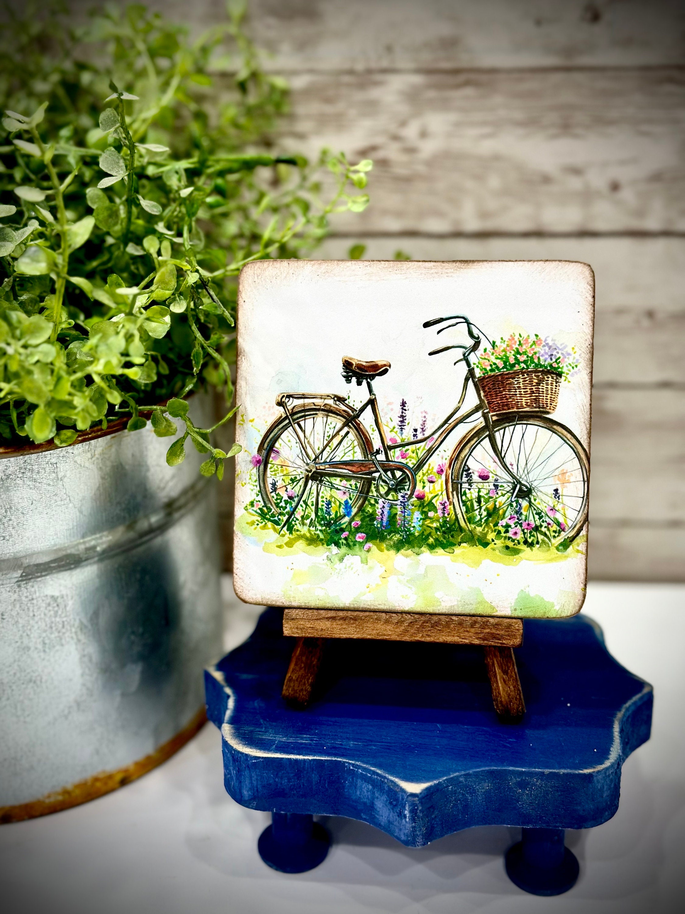Summer floral wood signs with easel,mini art, summer decor, tiered tray, desk art, handcrafted gift,windowsill art, Mother&#39;s Day gift, bike