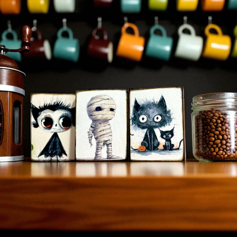 May include: Three rectangular wooden blocks featuring illustrations of a vampire, a mummy, and two black cats. The blocks are arranged side-by-side on a wooden surface next to a brown coffee grinder and a glass jar filled with brown coffee beans.