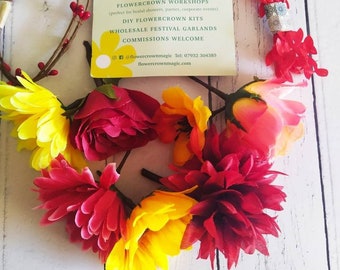 Frida Style DIY flower crown making kit & video guide, Orange, yellow and red, Mexican style, flower headband DIY craft pack