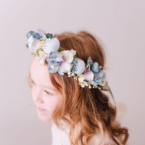 Dusty Blue and Teal Child's Flowercrown - Vintage Whimsical Style Headband