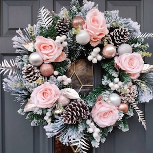 Blush Pink, Flocked, Floral Christmas Wreath 50cm