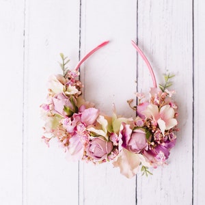 Diadema infantil - Rosa pastel y verde - Corona de flores vintage caprichosa
