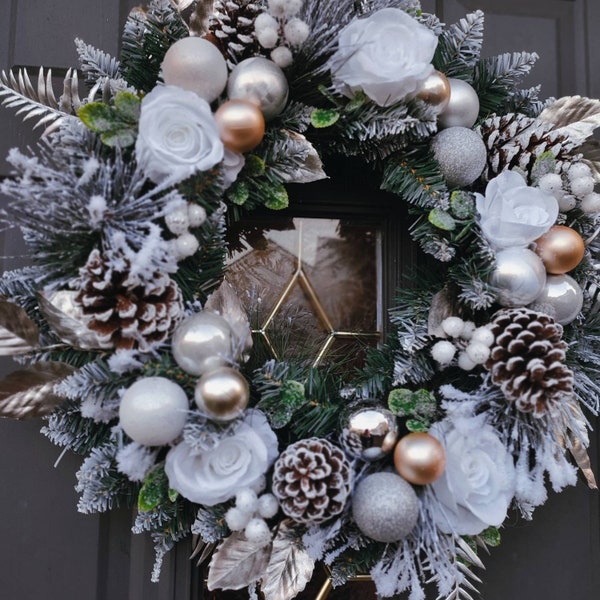 White Floral, Flocked Christmas Wreath