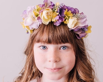 Purple and Yellow Flower Headband for children - Whimsical Vintage Style Flower Crown