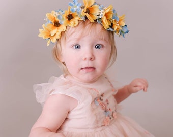 Flower Headband. Yellow and Blue summer floral crown