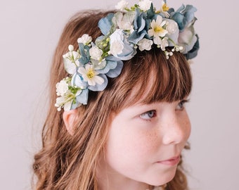 Child's Dusty Blue and Teal Flower Headband - Whimsical Vintage Style Floral Crown