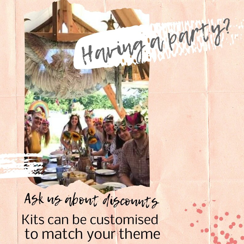 May include: A group of people wearing masks and floral crowns at a party. The image includes the text "Having a party?" and "Ask us about discounts. Kits can be customised to match your theme."