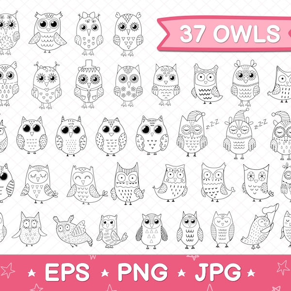 Owls Clipart Bundle Png Eps Jpg, Black and White Owls Package Clip art, Amazing Zoo Baby Owls Bundle, Owls Silhouette Vector Commercial Use