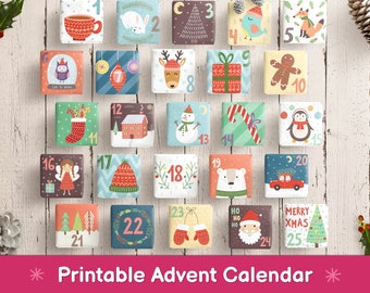 Druckbarer Adventskalender für Kinder, Weihnachten Adventskalender Pdf, Kalender Aufkleber mit Weihnachtsmann Weihnachtsbaum, Weihnachts Countdown Kalender