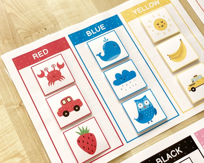 May include: A colorful educational chart featuring illustrations of objects categorized by color. The chart includes sections labeled "RED," "BLUE," and "YELLOW," each with corresponding images like a crab, whale, and sun. The images are on white squares.