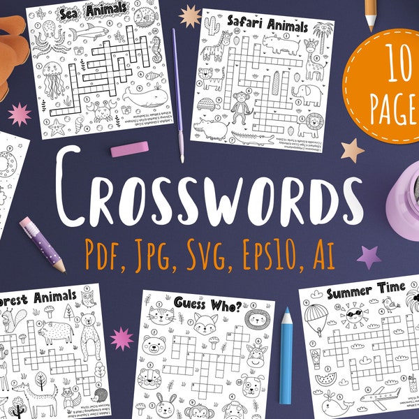 Printable Crossword Puzzles for Kids, Activity Pages with Animals for Children, Crossword Book for Homeschooling, Instant Download