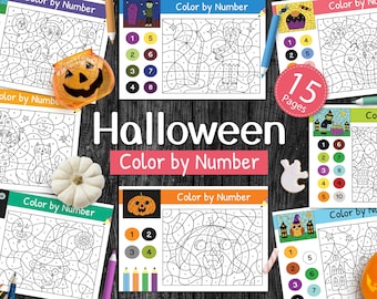 Halloween Color by Number Worksheets PDF, Halloween Coloring Book for Kids, Halloween Printable Activity Book, Color by Number for Toddlers