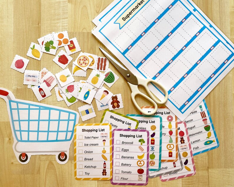 May include: A set of printable shopping lists with colorful illustrations of various grocery items. The lists include categories like pasta, cookies, broccoli, eggs, bananas, bakery, tomato, flour, bacon, yogurt, watermelon, lemon, and fish. The lists are designed for a pretend supermarket play activity.