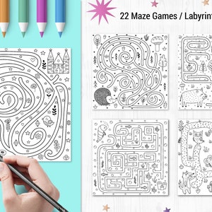 May include: A set of 22 black and white maze games for kids. The mazes feature various animals and objects, including a unicorn, a hedgehog, a fox, an owl, and a pig. The mazes are printed on white paper and are ready to be colored in.